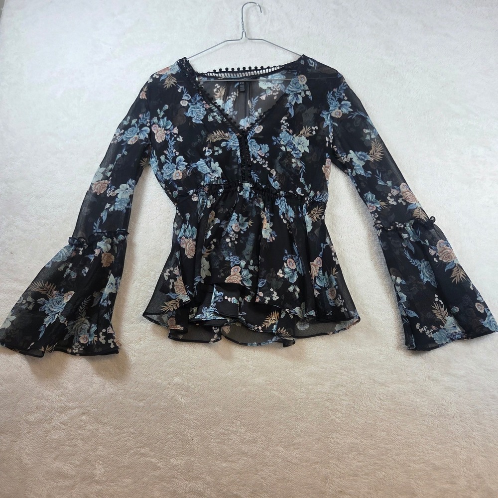 White House Black Market Floral Bell Sleeve Peplum Blouse Black Blue XXS